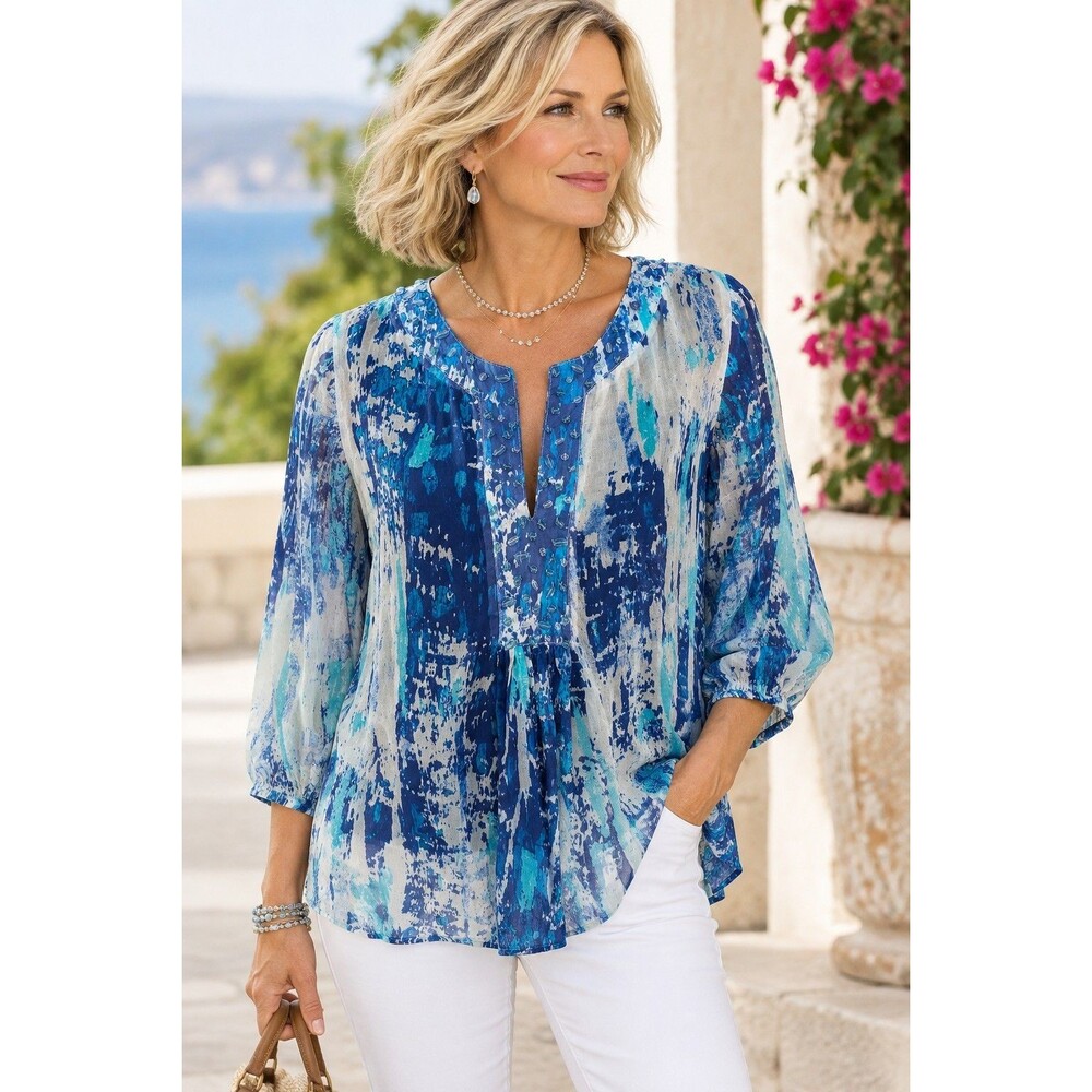 Soft Surroundings Silk Tunic Women's PM Top Blue White Abstract Seaglass Beads